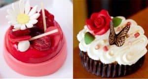 Two Disney World-inspired desserts bursting with magical flair: the first topped with whimsical daisies and fresh raspberries, the second featuring an enchanting rose, a butterfly accent, and artful swirls of icing—sweet treats worthy of Disney’s Mother’s Day celebration and every foodie fan’s park adventure.