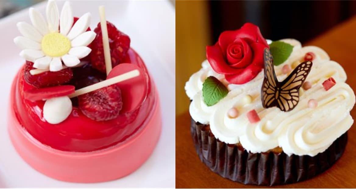 Two Disney World-inspired desserts bursting with magical flair: the first topped with whimsical daisies and fresh raspberries, the second featuring an enchanting rose, a butterfly accent, and artful swirls of icing—sweet treats worthy of Disney’s Mother’s Day celebration and every foodie fan’s park adventure.
