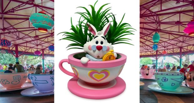 The White Rabbit rides in a pink teacup at the Mad Tea Party attraction, surrounded by swirling teacups in the heart of a whimsical amusement park. Inspired by the delightful White Rabbit Tea Cup succulent planter, this charming scene brings storybook magic and playful cuteness to any fan's favorite theme park adventure.