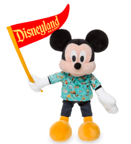 Mickey Mouse plush sporting a tropical shirt and proudly holding a red Disneyland Resort flag—an irresistible collectible for Disney park enthusiasts and fans of magical memorabilia.