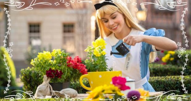 Alice from Wonderland waters vibrant snapdragons in the enchanted garden, using a whimsical yellow teacup planter, surrounded by playful white doodle accents.