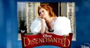 Giselle from Disney’s Disenchanted, dressed in white, strikes a whimsical pose above a vibrant red banner with the movie’s title, capturing the magical spirit Disney fans love.