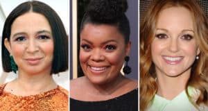 Three women, each channeling the whimsical elegance of Maya Rudolph’s character from Disney+’s Disenchanted, pose for individual portraits dressed in formal attire with artfully styled hair and sparkling earrings—capturing that signature Disney magic fit for a fairytale celebration.