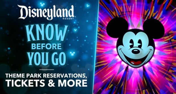 A vibrant Disneyland sign reads: "Know Before You Go. Theme Park Reservations, Tickets & More," featuring Mickey Mouse’s cheerful face to highlight the latest updates and guest information as Disneyland Resort welcomes back visitors.