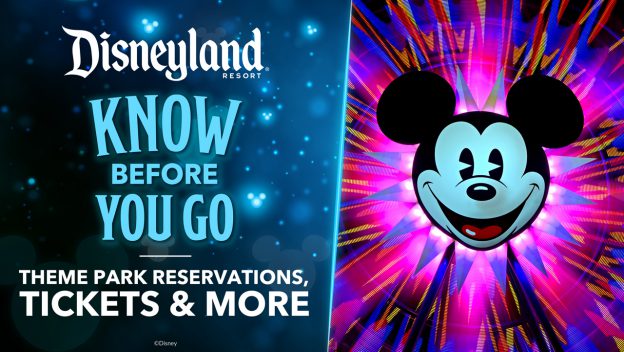 A vibrant Disneyland sign reads: "Know Before You Go. Theme Park Reservations, Tickets & More," featuring Mickey Mouse’s cheerful face to highlight the latest updates and guest information as Disneyland Resort welcomes back visitors.