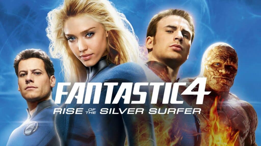 The Fantastic 4 assemble in striking blue suits under the watchful gaze of the Silver Surfer, capturing the high-stakes excitement of "Fantastic 4: Rise of the Silver Surfer." The action-packed adventure, now streaming on Disney+, invites fans to experience superhero thrills straight from Marvel’s cinematic universe.