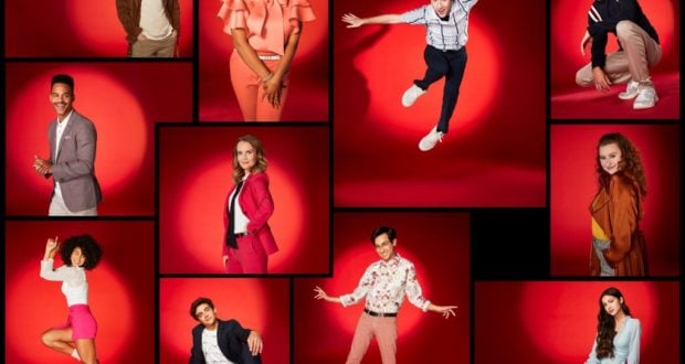 A vibrant collage of eleven Disney+ stars bursting with energy against bold red backdrops, showcasing the excitement and adventure that awaits fans in the May lineup—just like the thrill of discovering new attractions at a Disney park.