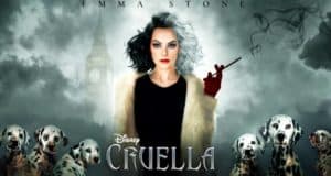 Cruella, with her iconic half-black, half-white hair, poses alongside her Dalmatians and Big Ben on a striking promotional poster. The "Disney Cruella" logo appears beneath, announcing the film’s Disney+ debut this May for Disney fans and movie lovers.