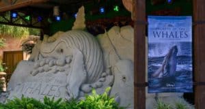 A stunning whale sand sculpture takes center stage under theatrical lighting, showcased at Disney’s Animal Kingdom with a "Secrets of the Whales" banner highlighting the display.