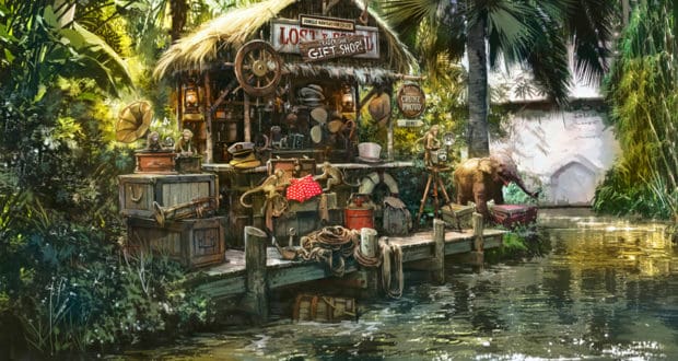 Jungle Cruise Gift Shop nestled along the riverbank, brimming with themed souvenirs and playful props, surrounded by vibrant Disney jungle scenery and an animatronic elephant relaxing by the water—capturing the sense of adventure and storybook whimsy that defines this beloved Magic Kingdom attraction.