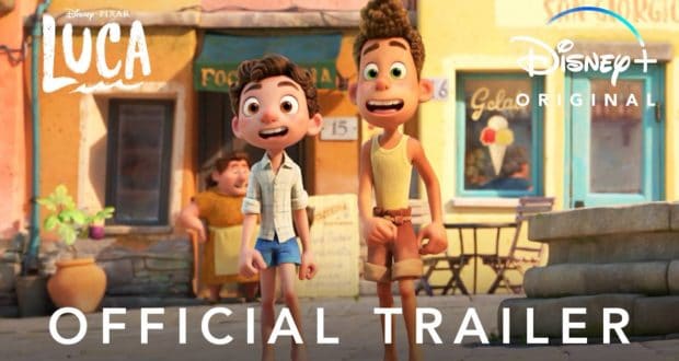 Luca and Alberto, Pixar’s beloved characters, eagerly stand on a vibrant street in their Italian seaside town—just like you’d find brought to life at a Disney park. The image features the "Luca" movie logo and the "Disney+ Original" emblem, evoking the excitement of discovering adventures from the screen to immersive entertainment destinations.