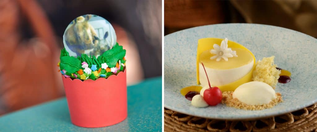 On the left, a Disney-themed cupcake topped with an edible globe and whimsical flowers. On the right, a beautifully layered mousse dessert crowned with a cherry and playful garnish—both magical Mother’s Day treats highlighted in the Walt Disney World Foodie Guide.