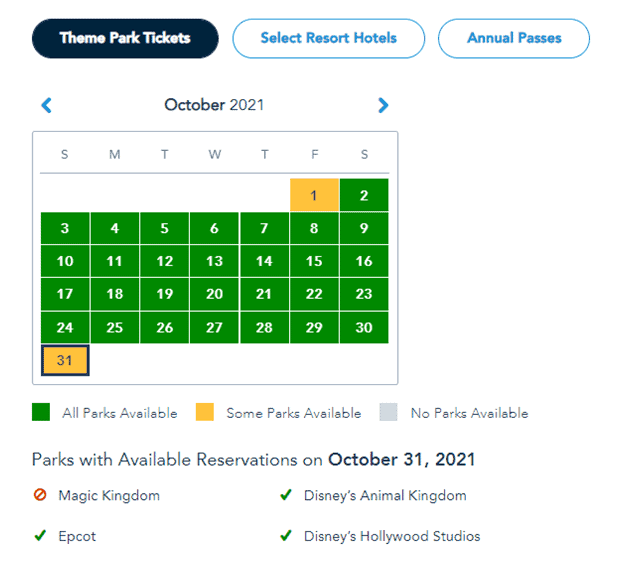 October 2021 reservation calendar showing all Disney parks, including Magic Kingdom, available for Halloween Park Passes on October 31, highlighted in orange.