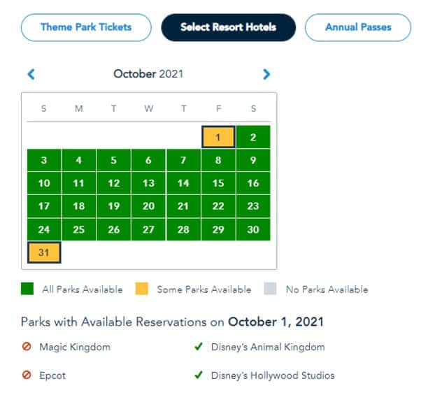 October 2021 Disney Park Pass calendar with most dates showing green availability, signaling open reservations, except for October 1 marked in yellow and October 31 in gray—spotlighting high demand around Magic Kingdom’s Halloween festivities.