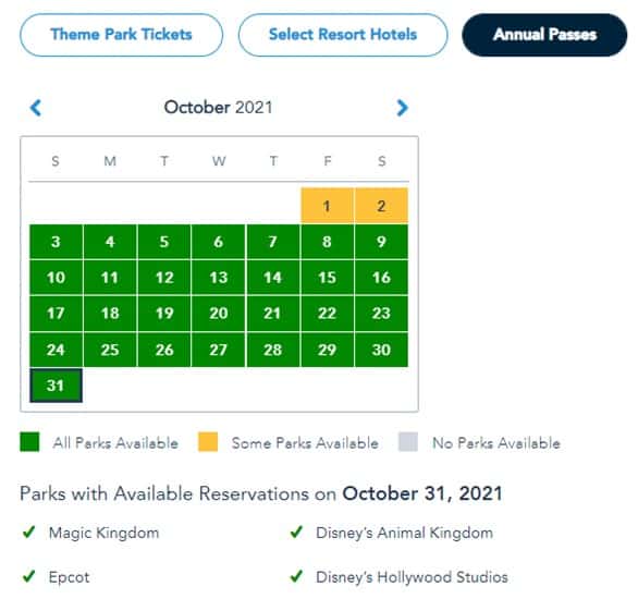 Disney Park Pass calendar featuring Magic Kingdom and all other Disney parks available for reservation on October 31, 2021, with every date highlighted in green to celebrate open availability for Halloween festivities.