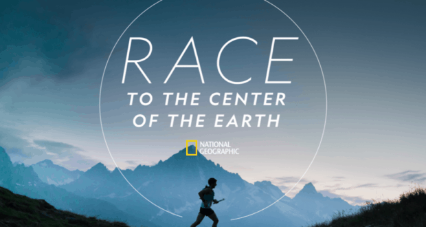 A dynamic silhouette of a runner racing across a mountain landscape, highlighted by the adventurous "Race to the Center of the Earth" title, with the iconic National Geographic logo and a reminder that this thrilling competition is streaming on Disney+ this May.