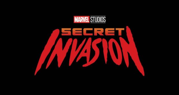 Marvel Studios Secret Invasion logo featuring bold red and orange lettering on a sleek black backdrop, setting the stage for an electrifying Marvel adventure with Olivia Colman that fans would line up to experience at a blockbuster theme park attraction.