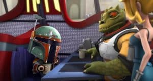 Iconic Star Wars: Detours characters gather in a lively retro diner booth—one donning signature green Mandalorian armor, another a quirky reptilian alien—as the scene channels the series’ playful vibe now streaming on Disney+.