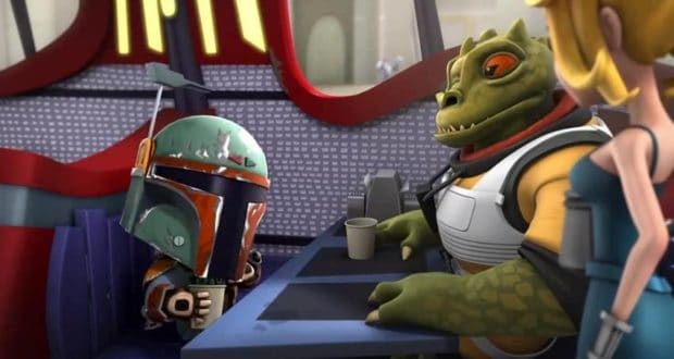 Iconic Star Wars: Detours characters gather in a lively retro diner booth—one donning signature green Mandalorian armor, another a quirky reptilian alien—as the scene channels the series’ playful vibe now streaming on Disney+.