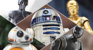 R2-D2, C-3PO, BB-8, and two more iconic Star Wars droids star in an action-packed collage, reminiscent of scenes throughout the Star Wars Galaxy seen at Disney Parks. This dynamic artwork celebrates fan-favorite droids and their unique designs as featured on the latest Star Wars stamps—perfect for collectors and visitors reliving the adventure at themed entertainment destinations.