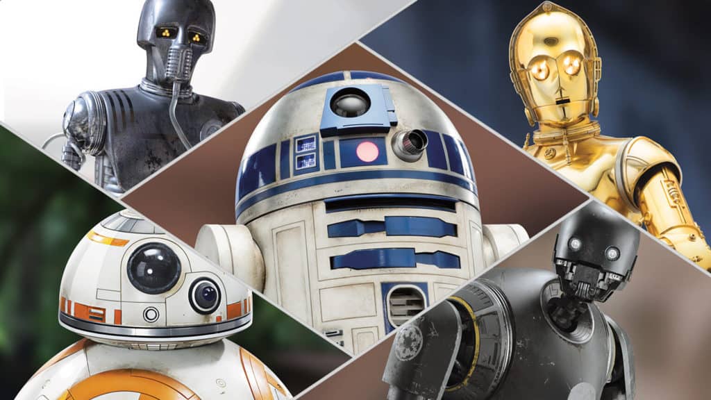 R2-D2, C-3PO, BB-8, and two more iconic Star Wars droids star in an action-packed collage, reminiscent of scenes throughout the Star Wars Galaxy seen at Disney Parks. This dynamic artwork celebrates fan-favorite droids and their unique designs as featured on the latest Star Wars stamps—perfect for collectors and visitors reliving the adventure at themed entertainment destinations.