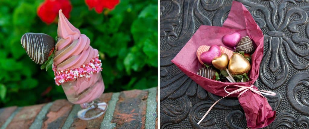 Strawberry ice cream topped with a chocolate-covered strawberry and served alongside a bouquet of chocolate-dipped strawberries—a Mother’s Day specialty featured at Walt Disney World, highlighted in the Foodie Guide for park guests seeking sweet Disney-themed treats.