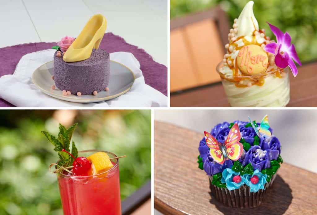 Indulge in a magical lineup of Disney-inspired desserts and drinks from the Walt Disney World Foodie Guide, perfect for park-goers celebrating Mother’s Day. Savor a whimsical purple cake crowned with Cinderella’s yellow slipper, classic creamy ice cream, a vibrant red specialty beverage, and a floral cupcake adorned with delicate butterflies—all enchanting treats straight from the heart of Disney magic.