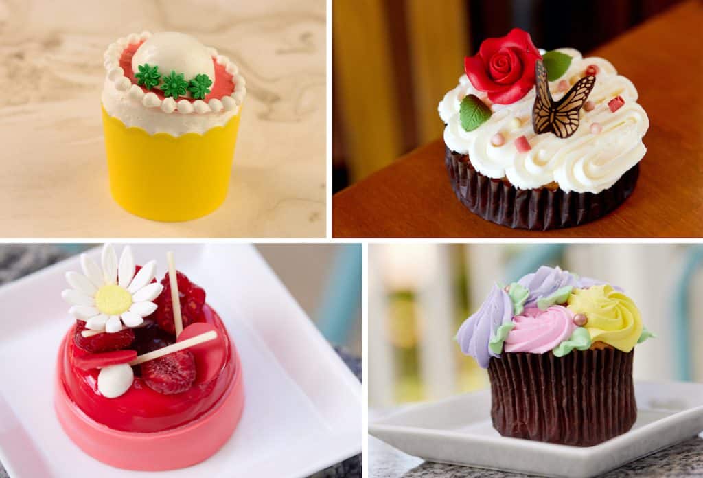 A tempting lineup of four vibrant cupcakes, each artfully topped with detailed flower or butterfly designs, showcases the Disney Foodie Guide’s flair at Walt Disney World—making these sweet treats a magical celebration for Mother’s Day.