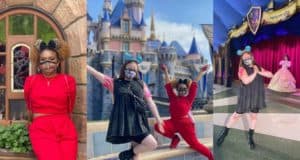 Three friends in Disney-inspired outfits strike a joyful pose at Disneyland, with Sleeping Beauty Castle and Belle from Beauty and the Beast in the background, capturing a picture-perfect moment that channels the energetic spirit of High School Musical: The Musical: The Series for theme park fans.