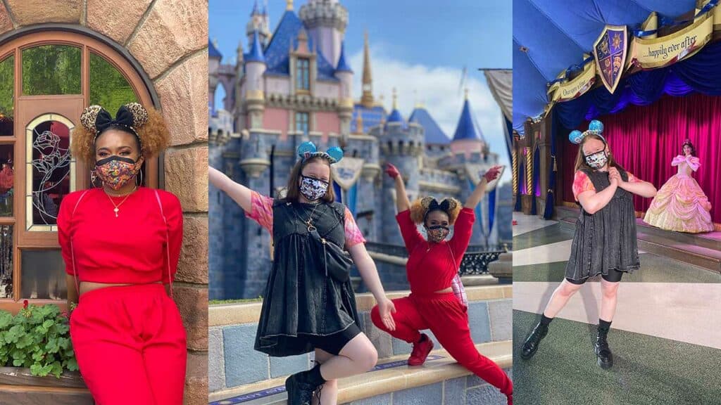 Three friends in Disney-inspired outfits strike a joyful pose at Disneyland, with Sleeping Beauty Castle and Belle from Beauty and the Beast in the background, capturing a picture-perfect moment that channels the energetic spirit of High School Musical: The Musical: The Series for theme park fans.
