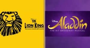 Split image featuring Disney Broadway magic: "The Lion King" logo pops on a bright yellow background to the left, while the "Aladdin" logo shines against deep purple on the right. Both showcase unforgettable stage adventures beloved by fans of Disney entertainment.