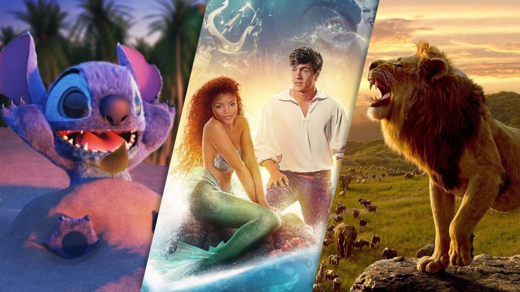 Stitch grinning playfully on the sandy shores of a Disney resort, Ariel and Eric sharing a magical moment together reminiscent of favorite park attractions, and Simba leading his pride across an iconic sunset vista—capturing the enchantment that delights Disney park guests and the excitement around new Disney film releases.