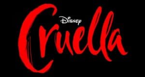 The Cruella movie logo is displayed in dramatic red lettering against a black background, with the iconic Disney logo above. The design features the catchy tagline "Call Me Cruella" from the Sneak Peek, highlighting music by Florence and the Machine—capturing that thrilling movie premiere energy experienced throughout Disney Parks and Resorts.