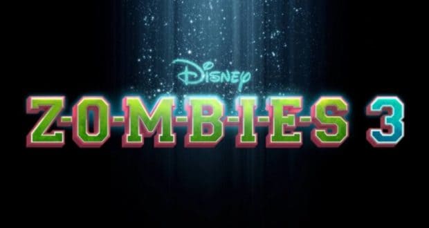 The Disney ZOMBIES 3 logo sparkles with glowing blue lights against a dark backdrop, extending an energetic welcome to new fans joining the Zombies 3 adventure, just like stepping into an exciting new attraction at a Disney theme park.