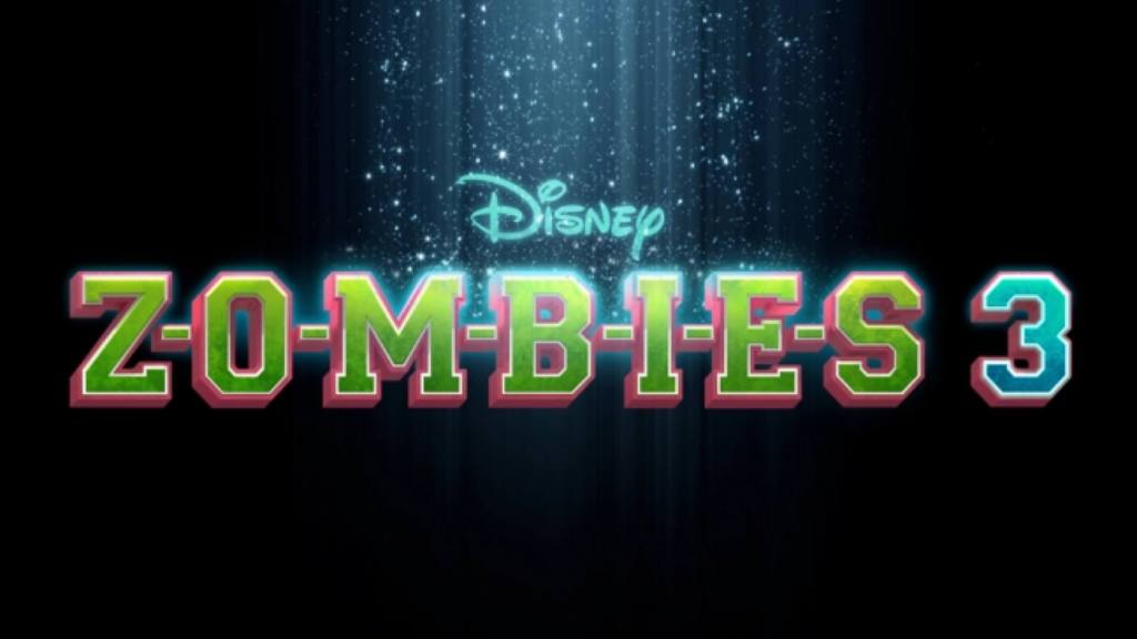 The Disney ZOMBIES 3 logo sparkles with glowing blue lights against a dark backdrop, extending an energetic welcome to new fans joining the Zombies 3 adventure, just like stepping into an exciting new attraction at a Disney theme park.
