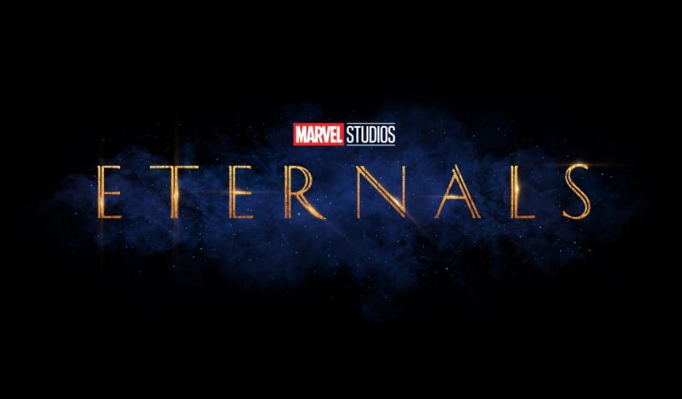 Marvel Studios’ Eternals logo, in shimmering gold letters, set against a dark blue cosmic backdrop as seen in the first official reveal—inviting fans into the next epic chapter of the Marvel Cinematic Universe.