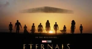 The Eternals team is silhouetted against a vibrant sunset, with their massive celestial ship hovering overhead. The bold "Marvel's Eternals" title promises an epic new adventure joining the Marvel universe—just like spotting your favorite heroes live in action at Avengers Campus.