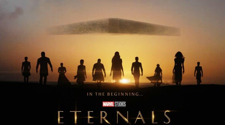 The Eternals team is silhouetted against a vibrant sunset, with their massive celestial ship hovering overhead. The bold "Marvel's Eternals" title promises an epic new adventure joining the Marvel universe—just like spotting your favorite heroes live in action at Avengers Campus.