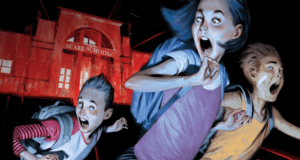 Three frightened children dash away from the glowing red "Scare School" building under the night sky, a scene reminiscent of Just Beyond at Disney+—capturing that thrilling, immersive vibe you’d find in a Disney theme park attraction inspired by the series’ cast and stories.