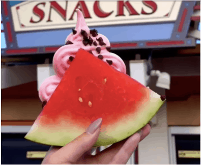 At Disney World, a Watermelon Wedge topped with creamy Pink Dole Whip and chocolate chips is held up in front of the colorful snacks sign, ready for a refreshing treat break.