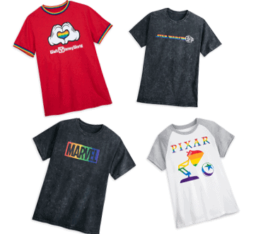 Four graphic t-shirts showcasing Disney Pride Month, Star Wars, Marvel, and Pixar designs displayed on a white background—perfect for theme park fans ready to sport their favorite brands at the parks.