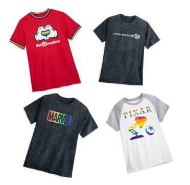 Four graphic t-shirts showcasing Disney Pride Month, Star Wars, Marvel, and Pixar designs displayed on a white background—perfect for theme park fans ready to sport their favorite brands at the parks.