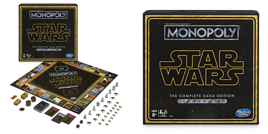 Monopoly Star Wars Complete Saga Edition showcased like a themed attraction, with the game box, galactic board, collectible tokens, and character cards all laid out for an immersive Star Wars adventure—perfect for fans looking to bring the excitement of their favorite saga and a touch of theme park magic to game night.