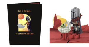 Father’s Day card featuring the Mandalorian and Grogu from Star Wars in front of a desert sunset, evoking a scene straight out of Galaxy’s Edge.