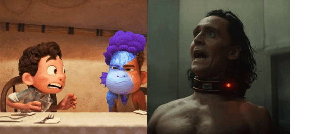 Two animated boys chat at a table beside a man sporting a glowing collar, their lively scene cast in soft, cinematic lighting reminiscent of the immersive visuals found in Disney and Pixar experiences like Luca or Marvel Studios' Loki.