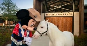Mickey Mouse, dressed as a cowboy, greets a white horse outside the New Barn at Disney’s Tri-Circle-D Ranch, bringing extra magic to the Mickey anniversary celebration.