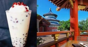 A Red Bean Ice Float-inspired creamy dessert topped with dark berries is served outside a classic Asian pavilion at EPCOT, all beneath a clear blue sky—perfect for sampling world flavors at the park.