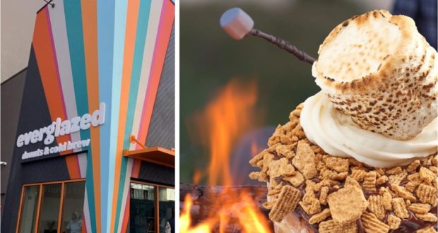 Everglazed Donuts at Disney Springs pops with vibrant colors on the left, while on the right, the S'mores Galore Donut steals the show—loaded with gooey toasted marshmallows and dramatic fire-torched toppings.