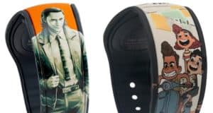 Two collectible MagicBands: one spotlighting Loki dressed to impress, perfect for Marvel fans; the other featuring animated kids on a scooter, capturing the excitement of Disney+ adventures.