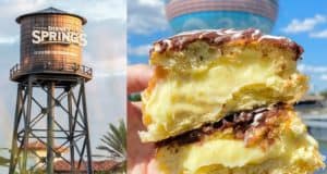 The iconic Disney Springs water tower rises in the background while a guest enjoys a mouthwatering Nutella Boston Cream Donut coated with chocolate glaze, savoring this sweet treat in the lively outdoor atmosphere of Disney Springs.